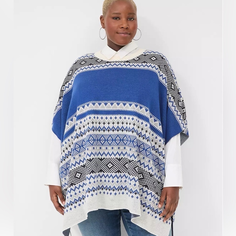 Lane Bryant Blue Fair Isle Knit Poncho Sweater SZ 26/28